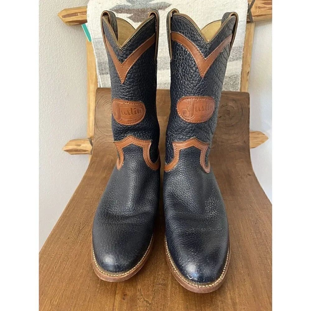 Justin Roper Cowboy Boots Vintage 80’s Navy & Brown Leather Women 6.5 Made USA
